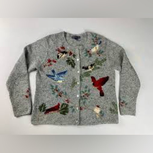 Northern Isles Bird Cardigan Sweater LG Cardinals Blue Jays Embroidered - Picture 1 of 5